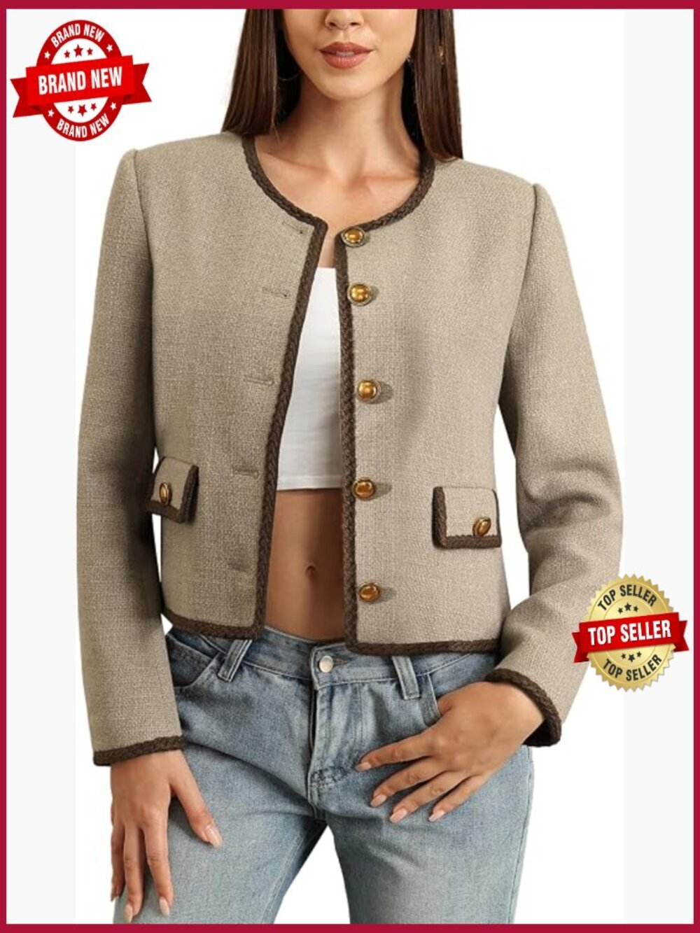 Cropped Tweed Collarless Jacket with Pockets Vintage Blazer